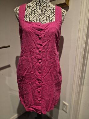 Fuchsia Linen Button-Front Sleeveless Dress With Pocket